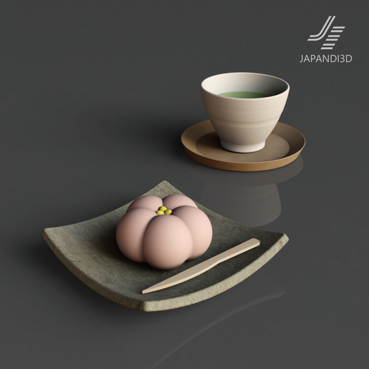 Japanese Tea and Wagashi Set 3D model, sakura-shaped wagashi with tea cup and wooden saucer, FBX GLB assets for Japandi interior rendering