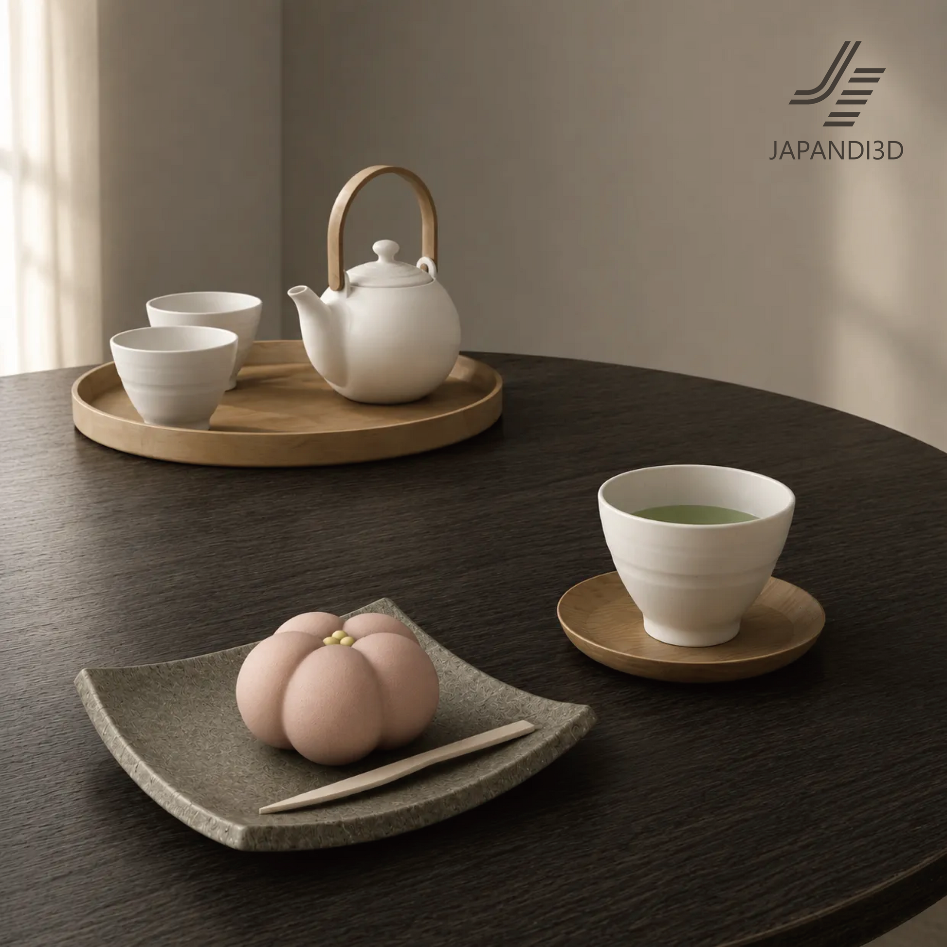 Japanese Tea and Wagashi Set styling scene, Japanese sweets and green tea for wa-modern and Japandi interiors, 3D model FBX GLB