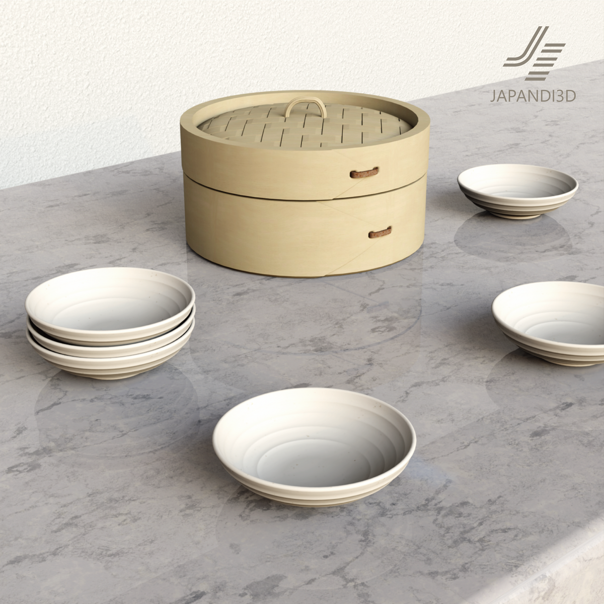 Free Download: Small Plate is shown as a free sample 3D model beside a Bamboo Steamer (SEIRO) on a stone-look counter in a Japandi kitchen scene.