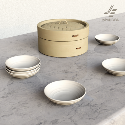 Free Download: Small Plate is shown as a free sample 3D model beside a Bamboo Steamer (SEIRO) on a stone-look counter in a Japandi kitchen scene.