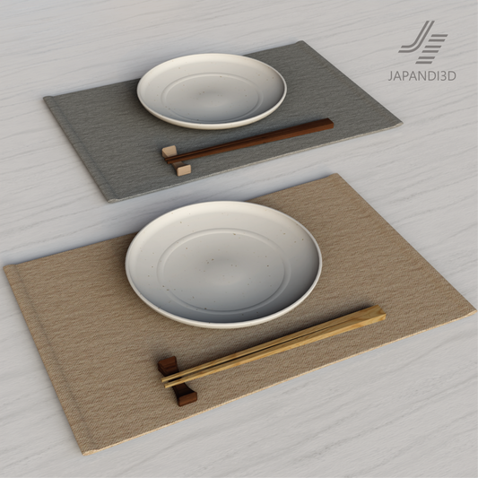 Dining Place Setting 3D model - plate, chopsticks, chopstick rest, and placemat - Gray and Light Brown - FBX GLB - Japandi tableware asset for interior rendering
