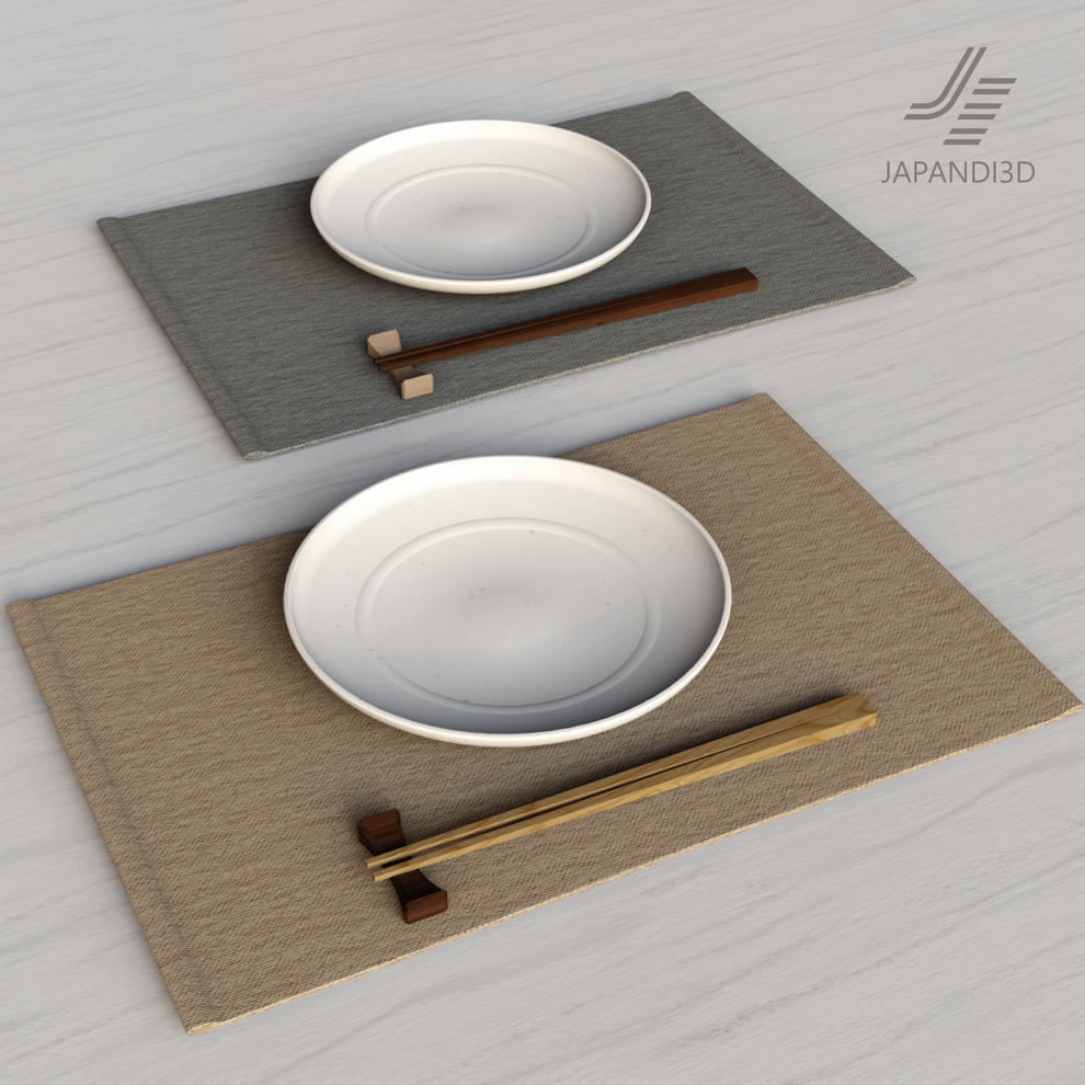 Dining Place Setting 3D model - plate, chopsticks, chopstick rest, and placemat - Gray and Light Brown - FBX GLB - Japandi tableware asset for interior rendering