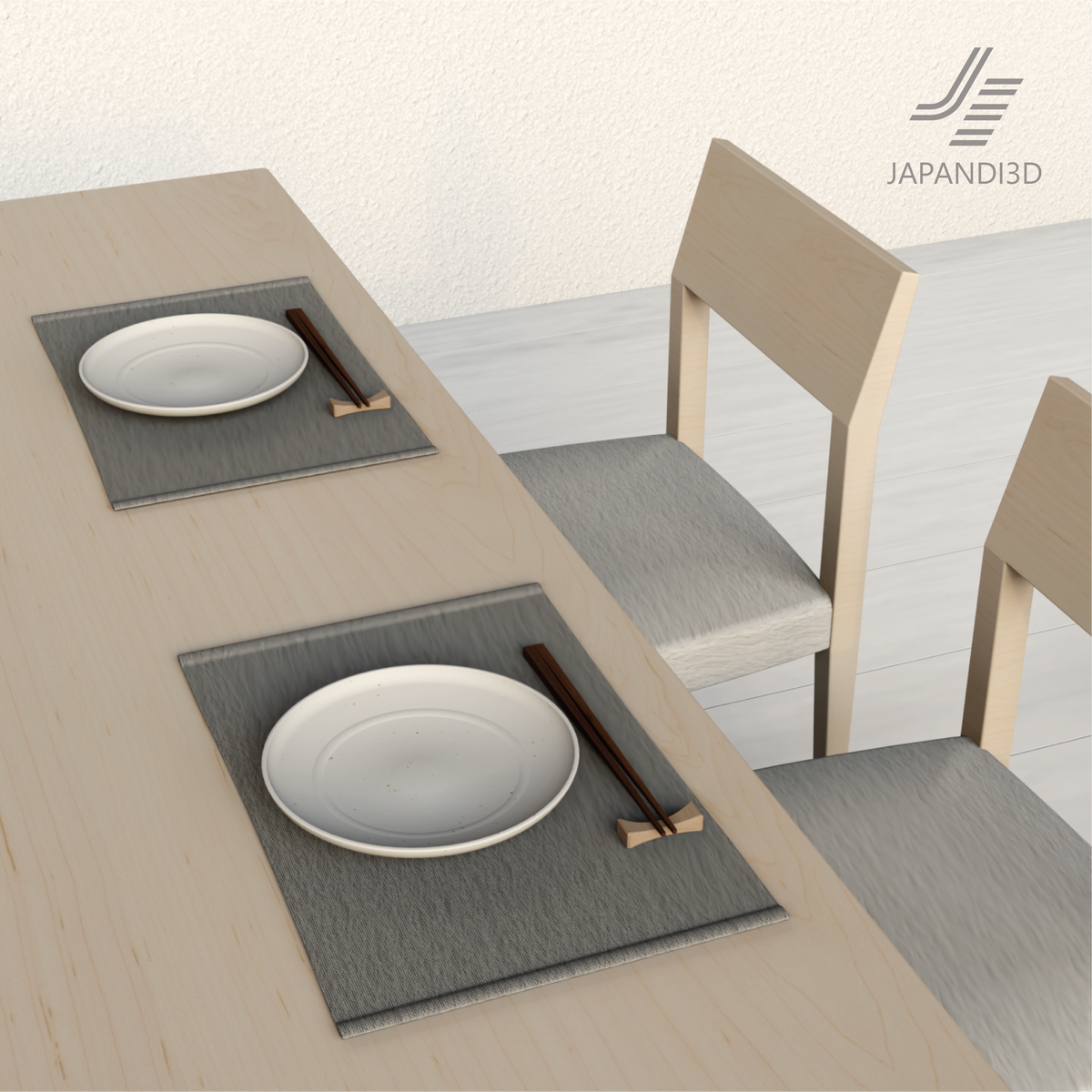 Dining Place Setting 3D model - Gray and Light Brown placemat color comparison - plate and chopstick rest - FBX GLB - Japandi tableware asset for interior rendering