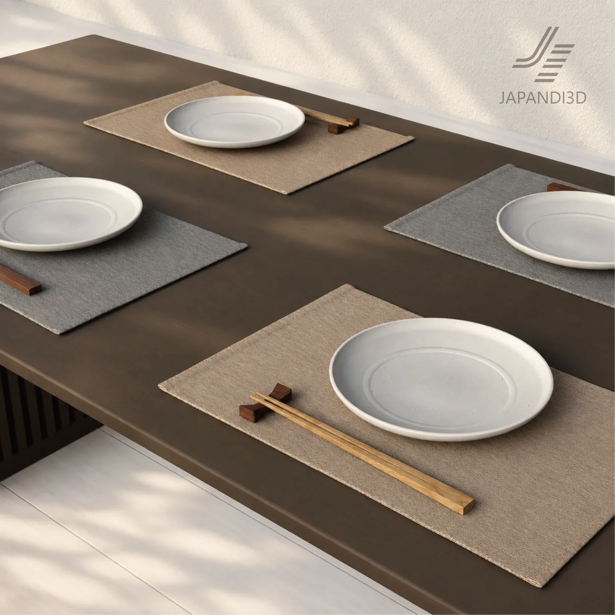 Dining Place Setting 3D model on a dining table - chopsticks placed horizontally in front of the seat in the Japanese manner - FBX GLB - Japandi dining scene asset