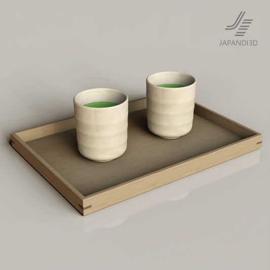 Japanese Tea Cups on Tray 3D model shows two handleless ceramic cups filled with green tea on a wooden tray for a Japandi tea-time scene.