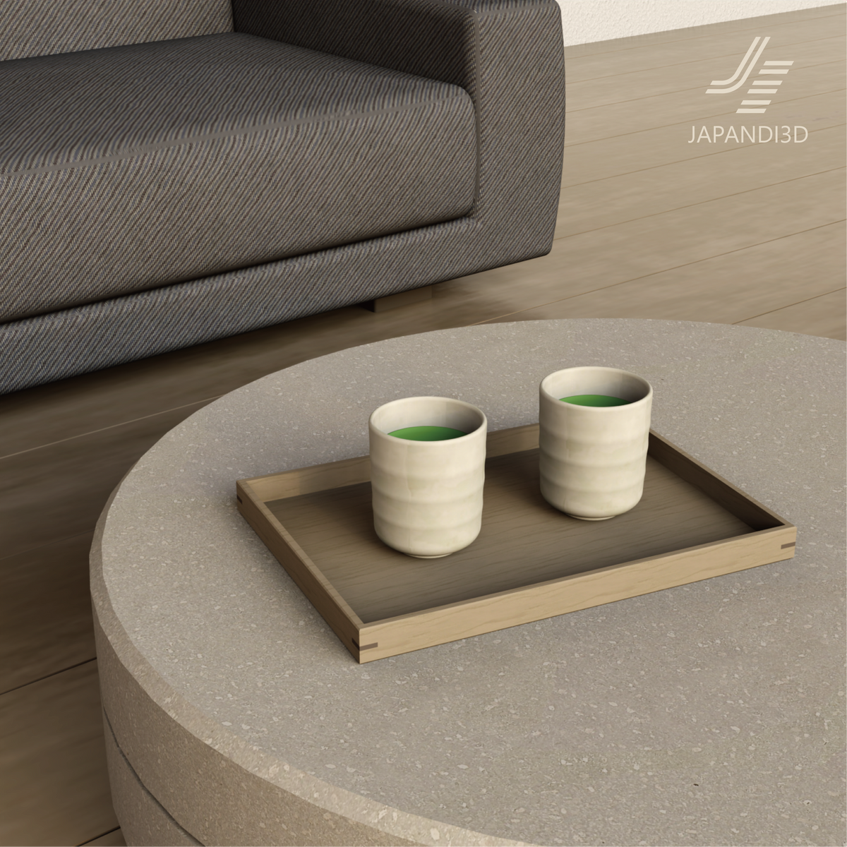 Japanese Tea Cups on Tray is placed on a low table in a calm Japandi living room, adding the everyday detail of Japanese tea service.
