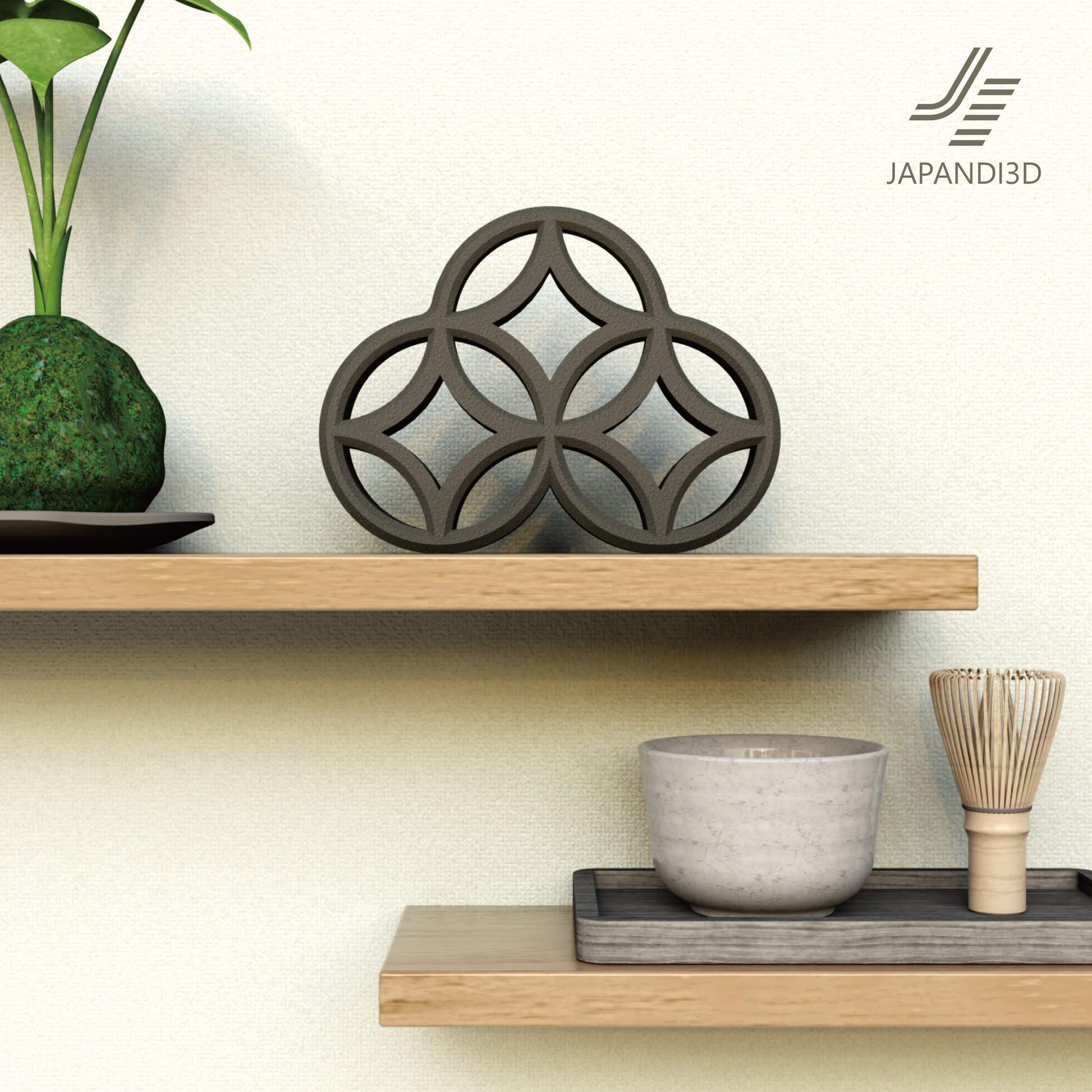 close-up render of shippou object with interlocking circle pattern and soft shadows