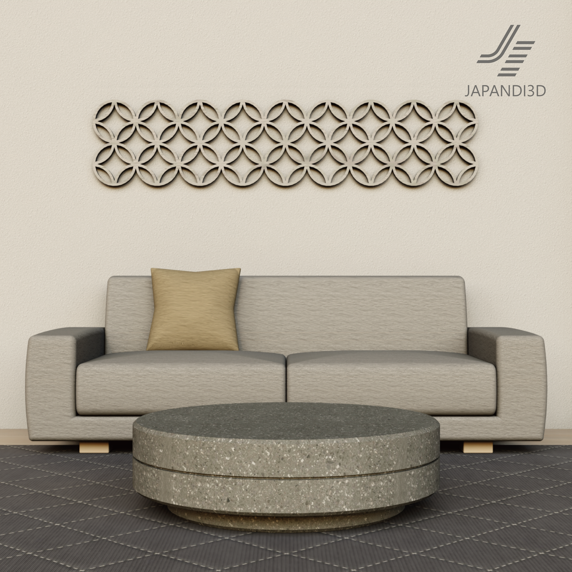 Wall Art KUMIKO Shippo styling scene, interlocking circle kumiko wall art W1790 H400 for wa-modern and Japandi interiors, 3D model FBX GLB