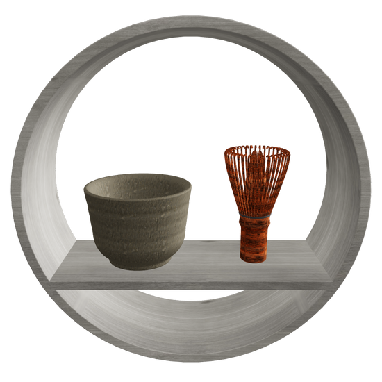 Round Wall Shelf SHIKI Tea Set φ300 D100mm Autumn – brown tea bowl and chasen, Japandi wall shelf 3D model FBX GLB