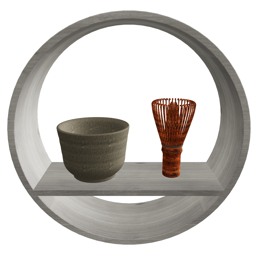 Round Wall Shelf SHIKI Tea Set φ300 D100mm Autumn – brown tea bowl and chasen, Japandi wall shelf 3D model FBX GLB
