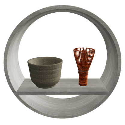 Round Wall Shelf SHIKI Tea Set φ300 D100mm Autumn – brown tea bowl and chasen, Japandi wall shelf 3D model FBX GLB
