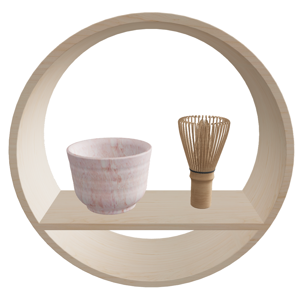 Round Wall Shelf SHIKI Tea Set φ300 D100mm Spring – pink tea bowl and chasen, Japandi wall shelf 3D model FBX GLB