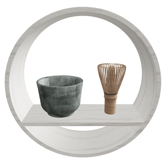 Round Wall Shelf SHIKI Tea Set φ300 D100mm Winter – gray tea bowl and chasen, Japandi wall shelf 3D model FBX GLB