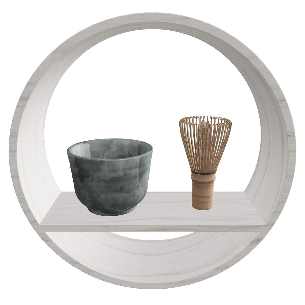 Round Wall Shelf SHIKI Tea Set φ300 D100mm Winter – gray tea bowl and chasen, Japandi wall shelf 3D model FBX GLB