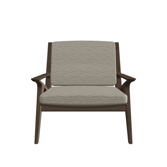 Lounge Chair W750×D800×H700 Dark – front view, angled wood frame with cushioned seat and backrest, FBX/GLB