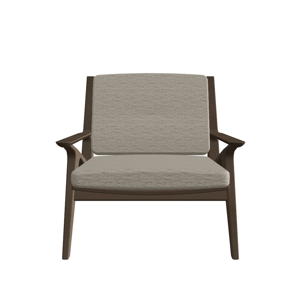 Lounge Chair W750×D800×H700 Dark – front view, angled wood frame with cushioned seat and backrest, FBX/GLB