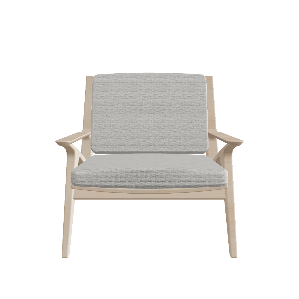 Lounge Chair W750×D800×H700 Light – front view, angled wood frame with cushioned seat and backrest, FBX/GLB