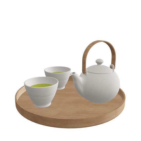 Japanese Tea Set 3D model angled view, matte white teapot with arched wooden handle and three cups on round wooden tray, white background, real-world scale, FBX GLB formats, for architectural visualization