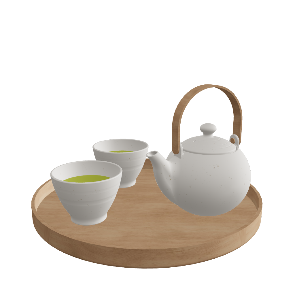 Japanese Tea Set 3D model angled view, matte white teapot with arched wooden handle and three cups on round wooden tray, white background, real-world scale, FBX GLB formats, for architectural visualization