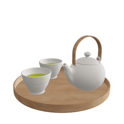 Japanese Tea Set 3D model angled view, matte white teapot with arched wooden handle and three cups on round wooden tray, white background, real-world scale, FBX GLB formats, for architectural visualization