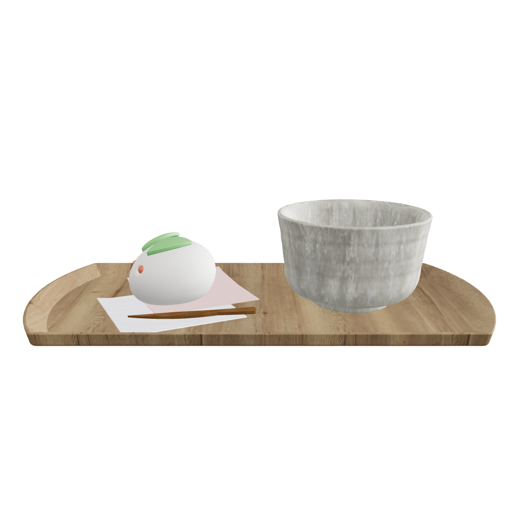 Wagashi on tray with matcha bowl 3D model – close-up render for interior props