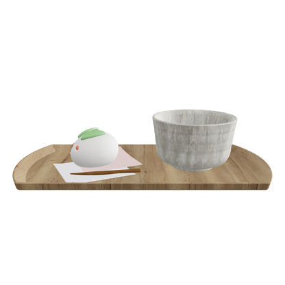 Wagashi on tray with matcha bowl 3D model – close-up render for interior props