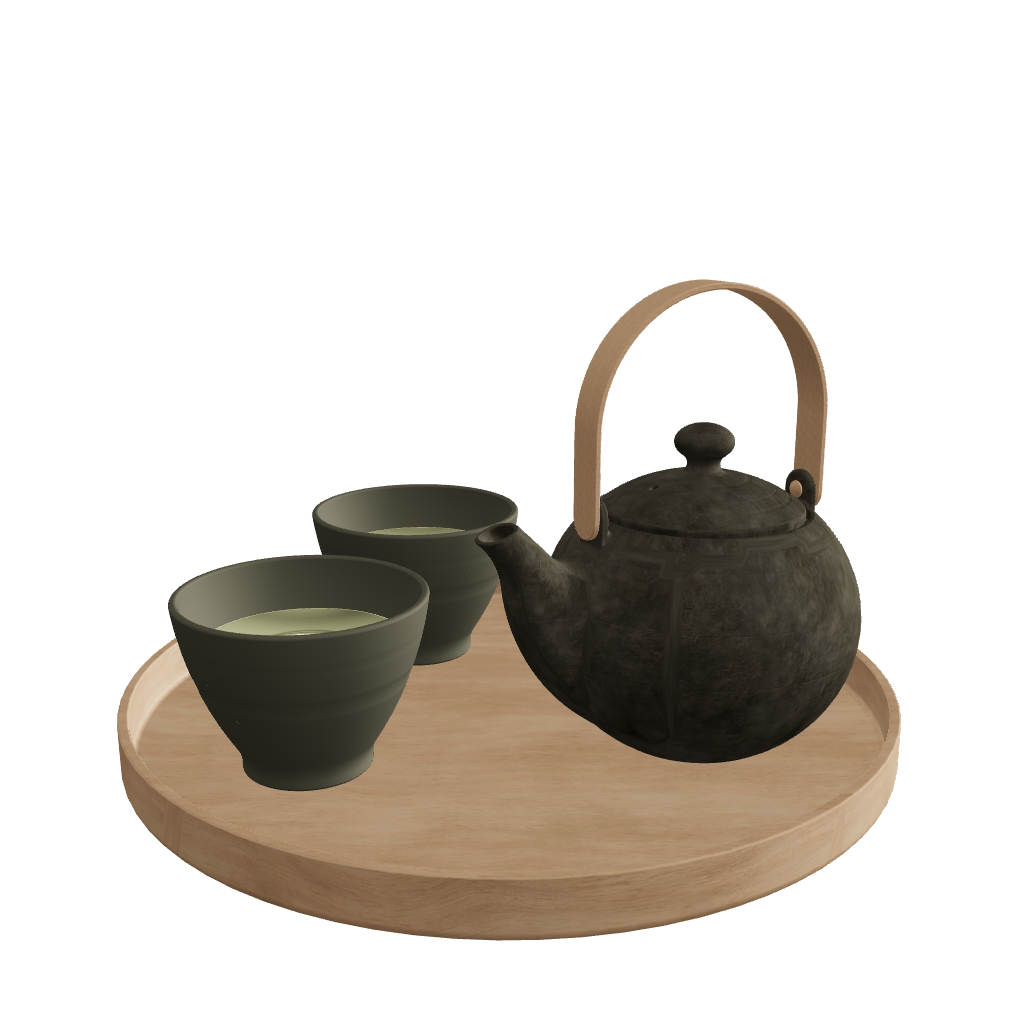 Japanese tea set 3D model dark color – dark ceramic teapot and cups with wooden tray, FBX GLB