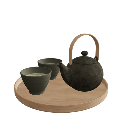 Japanese tea set 3D model dark color – dark ceramic teapot and cups with wooden tray, FBX GLB