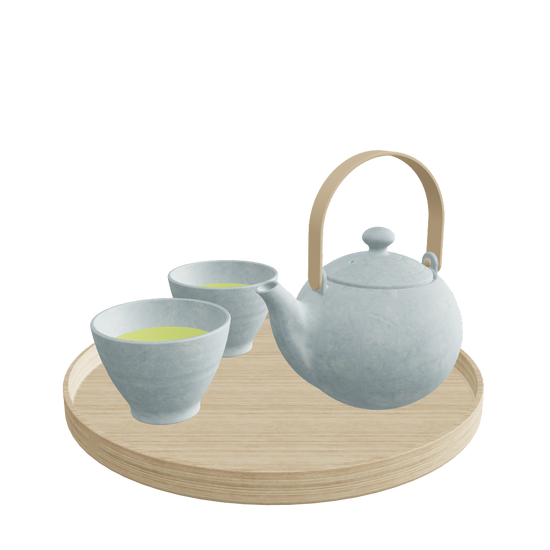 Japanese Tea Set Summer Version - Cool Blue Teapot and Cups on Wooden Tray - 3D Model Preview