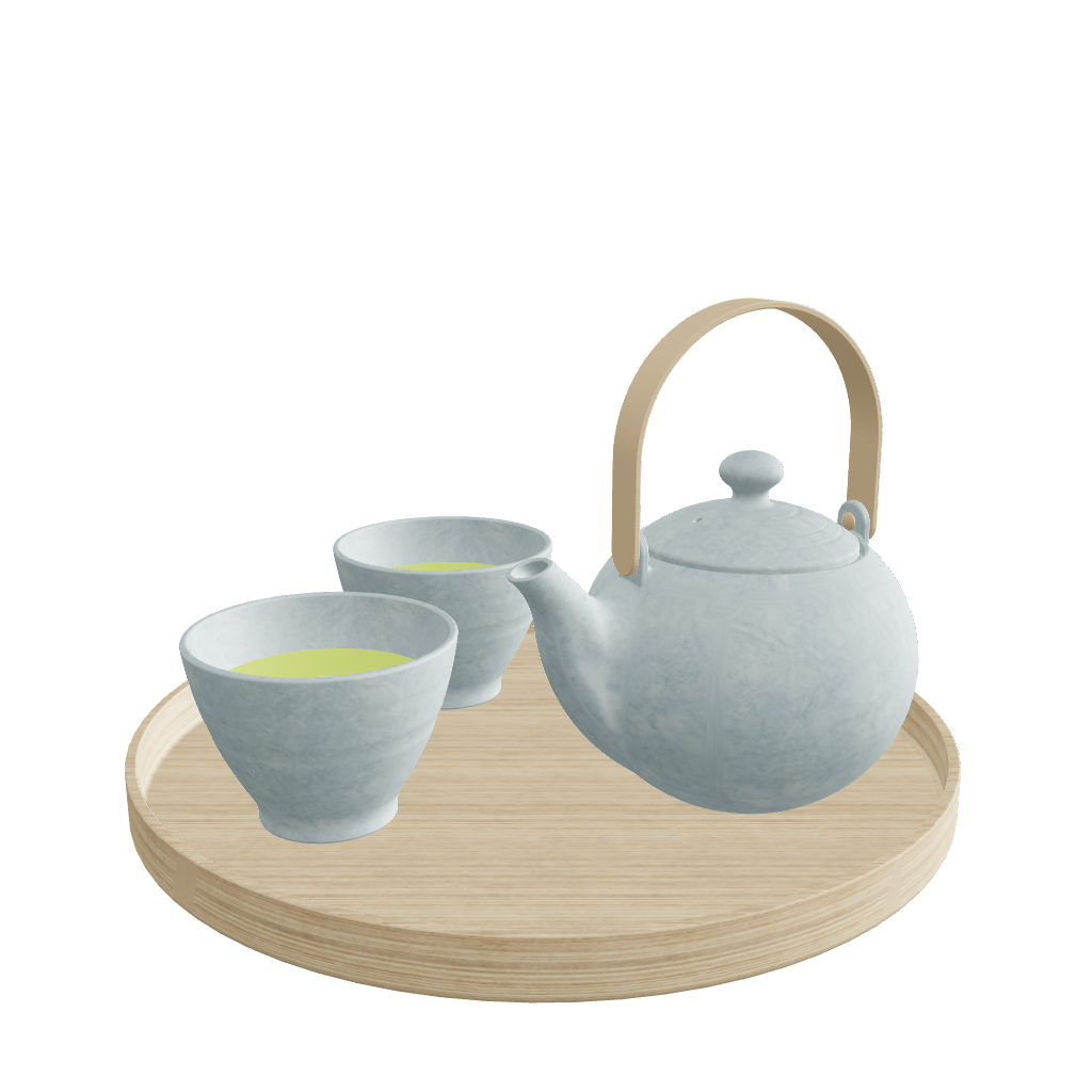 Japanese Tea Set Summer Version - Cool Blue Teapot and Cups on Wooden Tray - 3D Model Preview