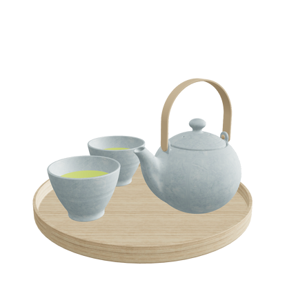 Japanese Tea Set Summer Version - Cool Blue Teapot and Cups on Wooden Tray - 3D Model Preview