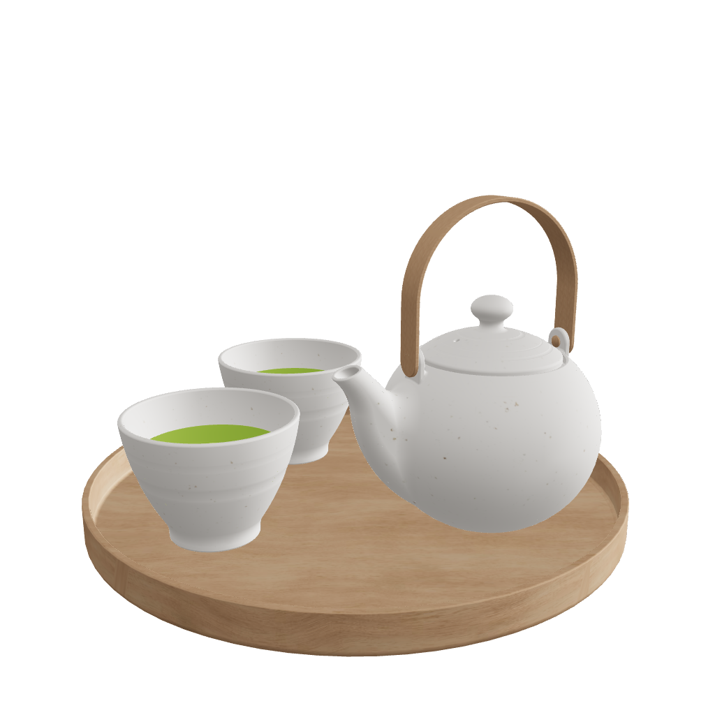Japanese Tea Set Winter Version - Warm White Teapot and Cups on Wooden Tray - 3D Model Preview