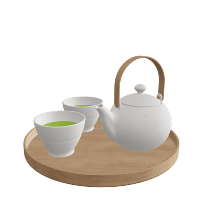 Japanese Tea Set Winter Version - Warm White Teapot and Cups on Wooden Tray - 3D Model Preview